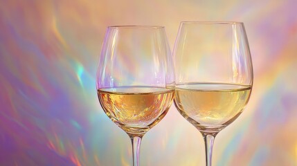 A refined composition of two elegant wine glasses, shimmering with soft golden and pastel tones.
