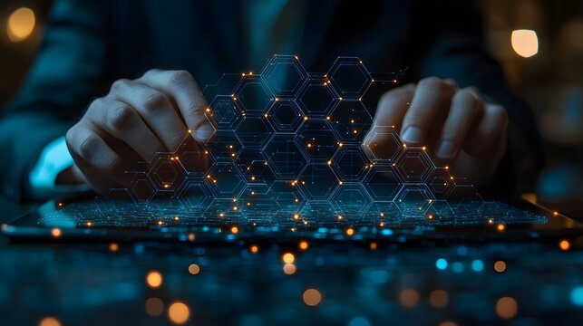 Business executive reviewing blockchain data on transparent digital tablet
