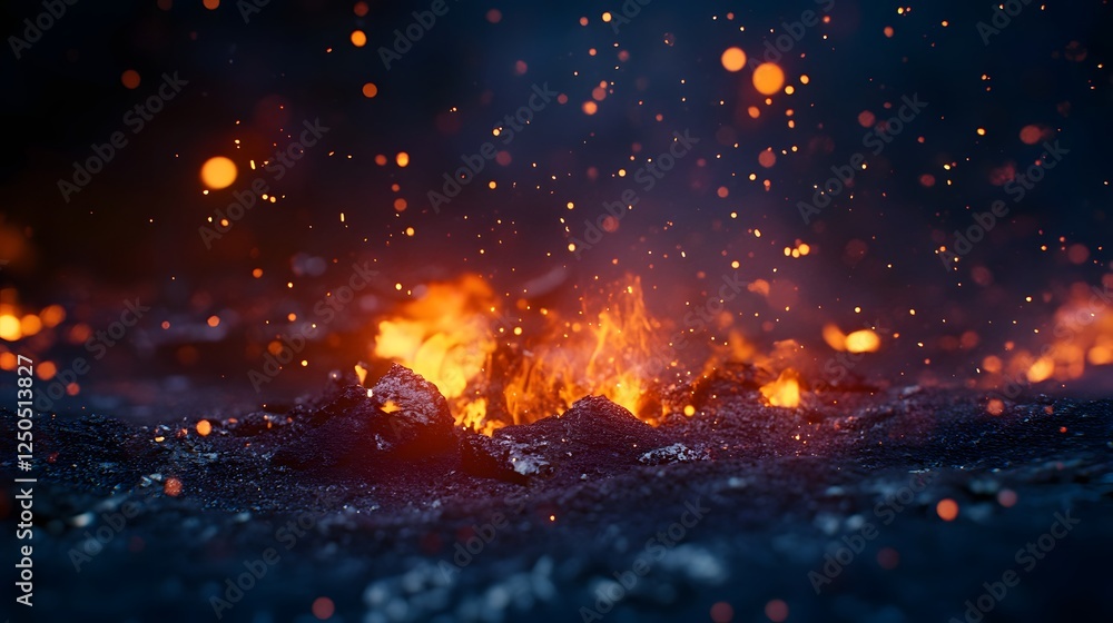 Poster Dramatic and captivating image of explosive flames and fiery sparks erupting into the night sky creating a stunning and mesmerizing display of raw power and intense energy  The flickering