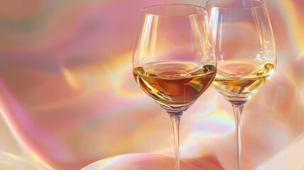 A refined composition of two elegant wine glasses, shimmering with soft golden and pastel tones.