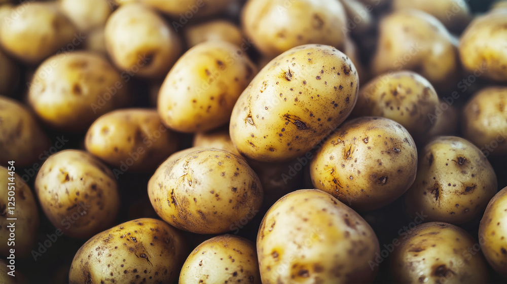 Poster potatoes displayed on a production line in a factory with attention to detail and vibrant textures c