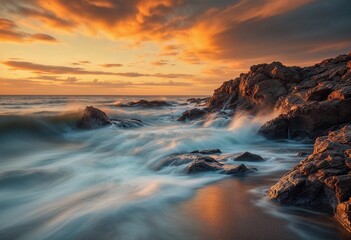 Fototapeta premium Breathtaking Sunset Over Rocky Coastline With Waves Crashing at Dusk. Generative AI