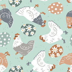Seamless vector pattern with hens and Easter eggs. Hand drawn illustration with cute chickens. Perfect for textile, wallpaper or nursery print design. EPS10 vector file.