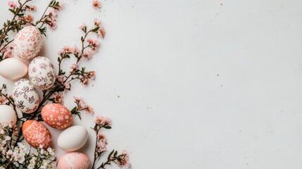 Easter eggs decorated with different colors on a pink background and space for text in the center