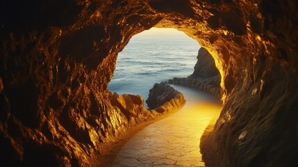 A scenic path by the ocean, gently lit with warm golden lights, enclosed within a rugged rock cave.