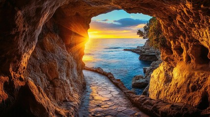 A scenic path by the ocean, gently lit with warm golden lights, enclosed within a rugged rock cave.