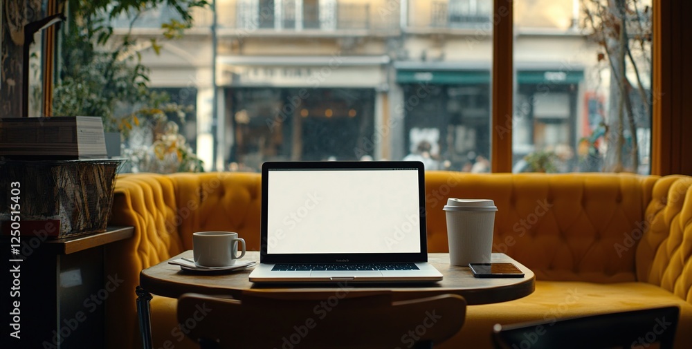 Poster laptop computer screen displays on table in cafe, relaxing atmosphere with coffee and smartphone