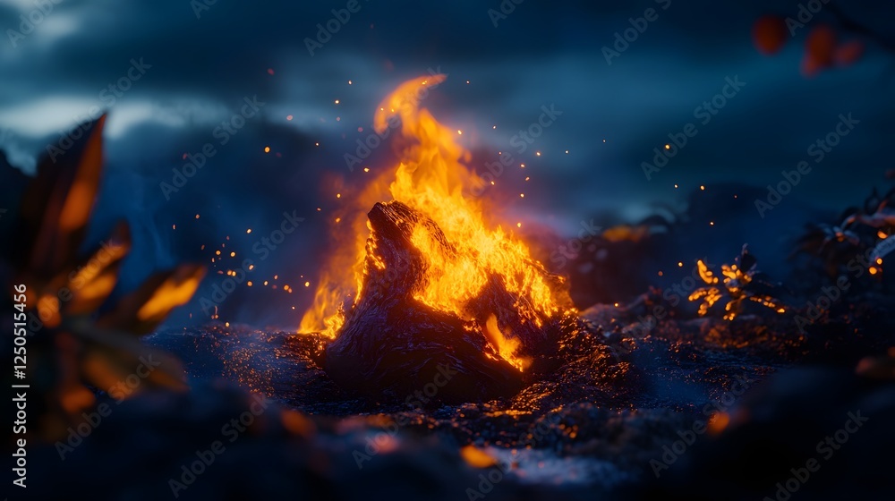 Poster dramatic fiery eruption in a rugged mountainous landscape with intense flames glowing embers and a m
