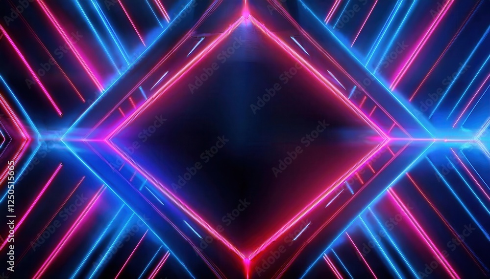 Poster neon futuristic glowing light patterns forming symmetrical diamond shape with vibrant pink and blue 