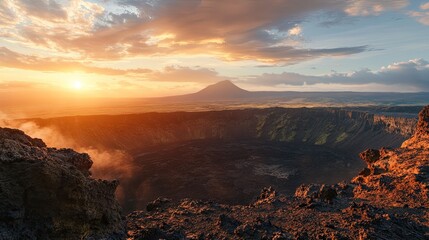 Dramatic Volcanic Crater Landscape at Sunrise with Golden Light and Clouds