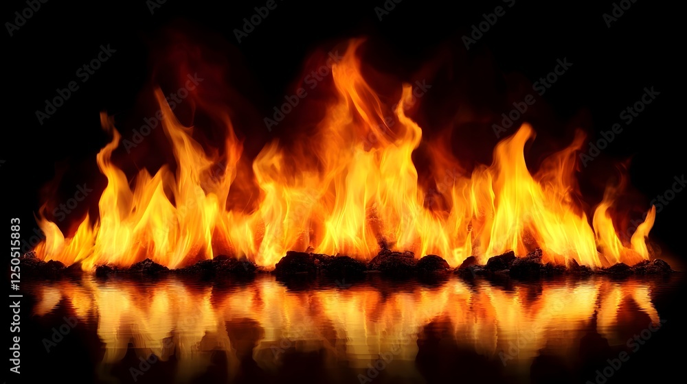 Poster dramatic scene of raging intense flames burning fiercely with a vibrant orange red glow creating a p