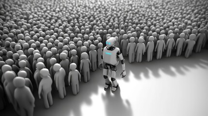 Fototapeta premium 3D render of a crowd of people with one robot leading the way, AI coach, AI Powered, AI Trainers, AI assistant, AI Agent