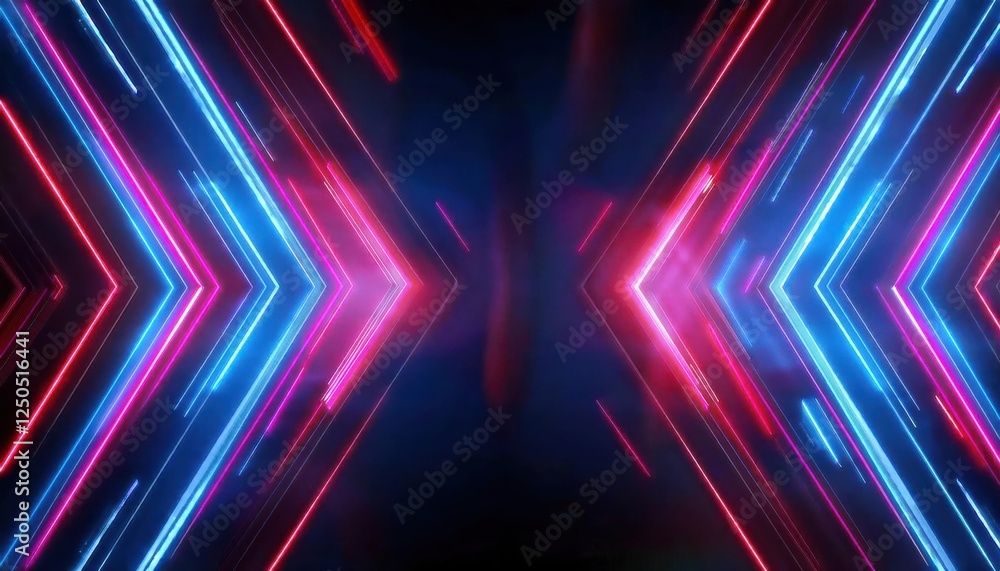 Poster neon futuristic glowing light patterns forming symmetrical diamond shape with vibrant pink and blue 
