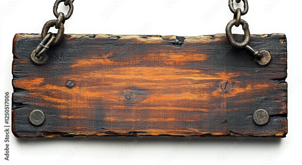 Poster Rustic Wooden Signboard Hanging on Chain Isolated on White Background for Decorative or Informational Use in Distressed Style
