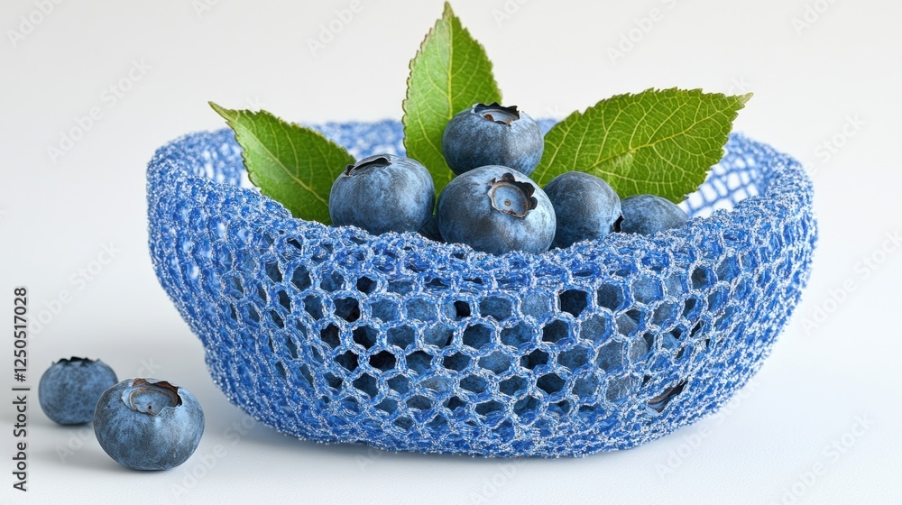 Wall mural Fresh Blueberries in Blue Net Bowl with Green Leaves Arrangement