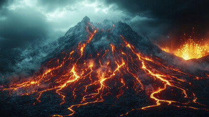 Volcanic eruption with flowing lava, smoke, and dramatic sky