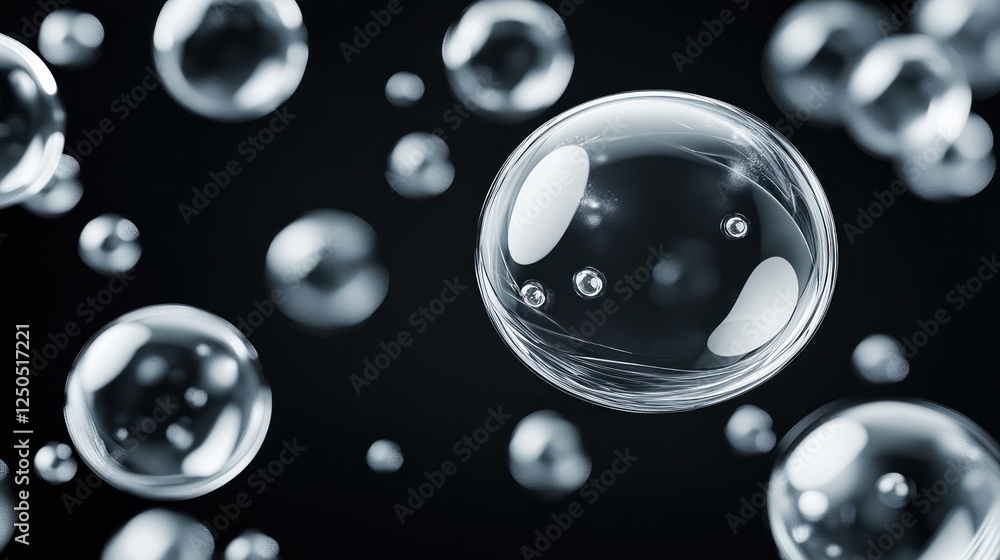 Poster abstract bubbles floating elegantly in dark space, a modern background