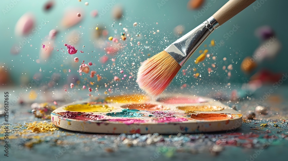 Poster vibrant paint splatter on a palette with dynamic energetic brush strokes creating a colorful abstrac