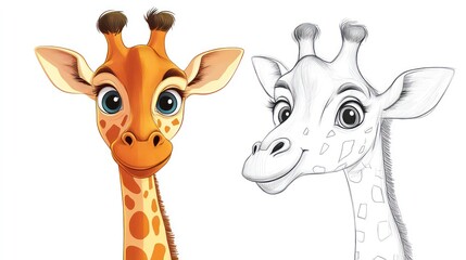 Naklejka premium Cute Cartoon Giraffe Featuring Colorful and Outlined Versions