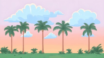 Tropical Beach Scene: Palm Trees, Sandy Shore, and Fluffy Clouds Against a Blue Sky
Island Paradise: Palm Trees on a Sandy Beach with Dreamy Clouds and Calm Ocean