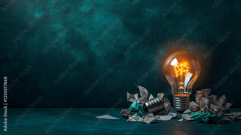 Poster conceptual image of a glowing lightbulb surrounded by crumpled paper symbolizing the spark of creati