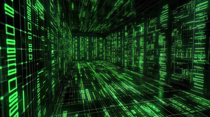 Digital data stream flowing in cyberspace server room with binary code background