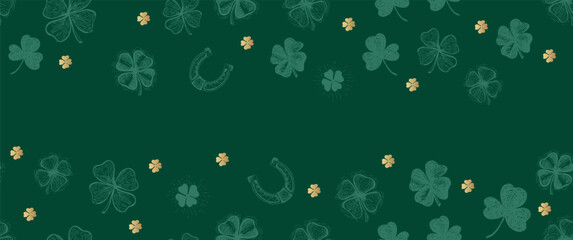 St. Patricks Day, frame with clover pattern on green. Hand drawn illustrations