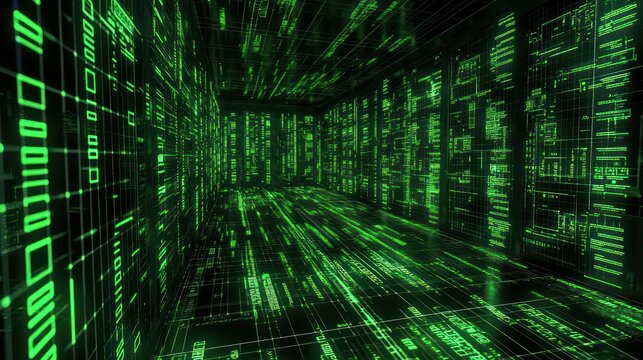 Digital data stream flowing in cyberspace server room with binary code background