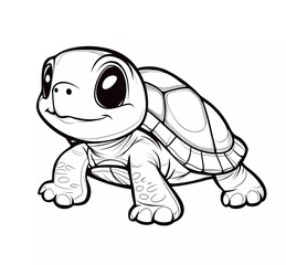 Obraz premium Cute cartoon baby turtle coloring page for kids, simple line art style, white background, clear outline, no dither, no gradient, strong outline, vector illustration, low detail. 