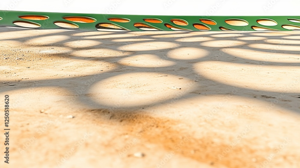 Poster abstract view of a green structure casting circular shadows on sandy ground.