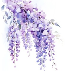 A beautiful watercolor illustration of delicate purple wisteria flowers in bloom.