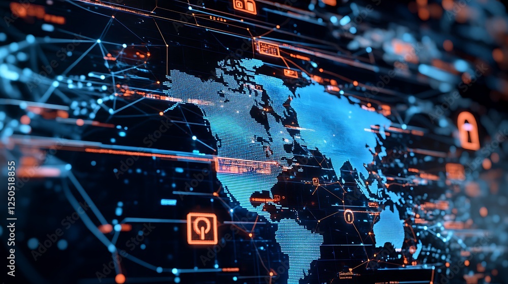 Aufkleber a secure global network concept with a digital lock overlaid on a world map