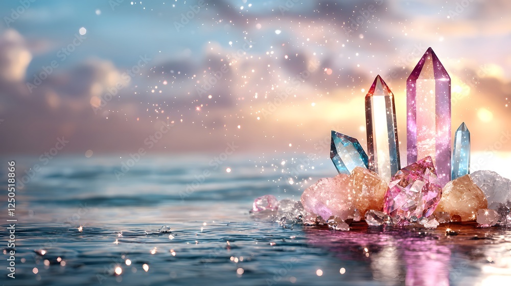 Poster Mesmerizing image of glittering iridescent crystals or gems emerging from a tranquil ocean or lake with a beautiful sunset or sunrise sky reflected in the water s surface creating a captivating