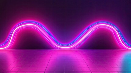 Pink blue neon light wave, dark room, floor reflection, abstract background, digital art