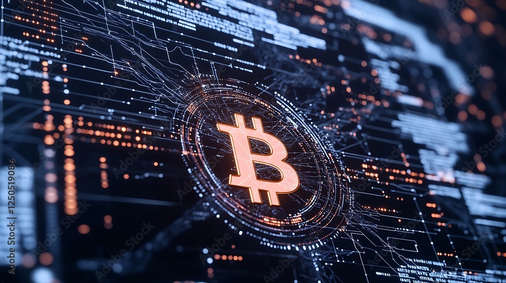 Poster a futuristic view of bitcoin on a digital circuit board with glowing elements