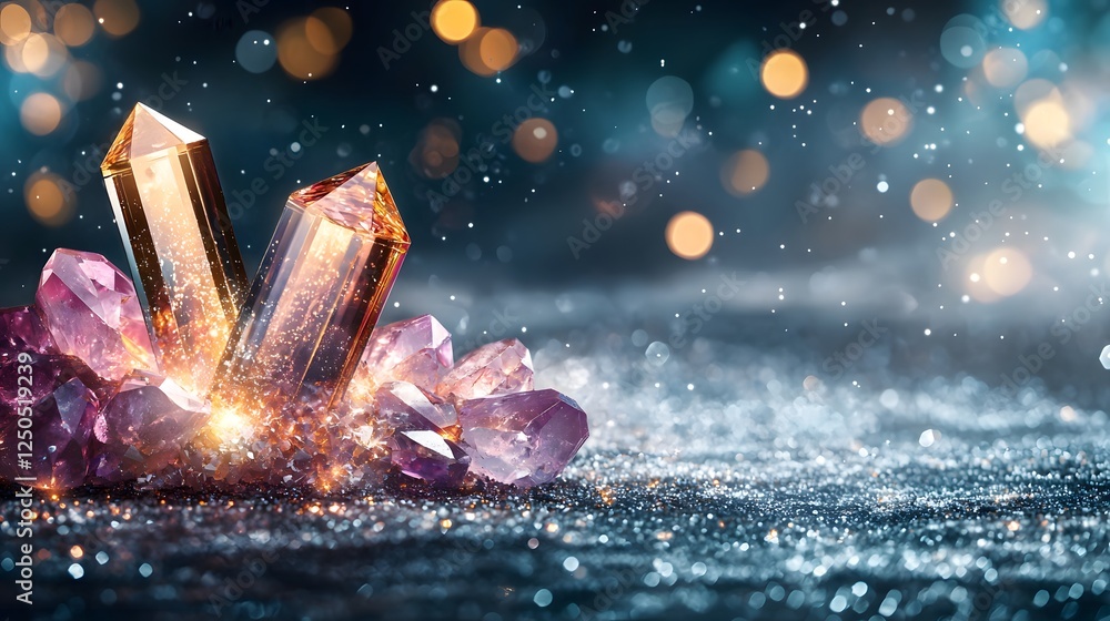 Poster stunning close up of a large vibrant quartz crystal geode set against a mesmerizing holographic gala