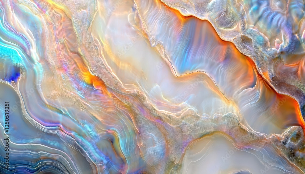 Poster abstract fluid color patterns with iridescent shades of blue, orange, and pink creating smooth, wavy texture for design