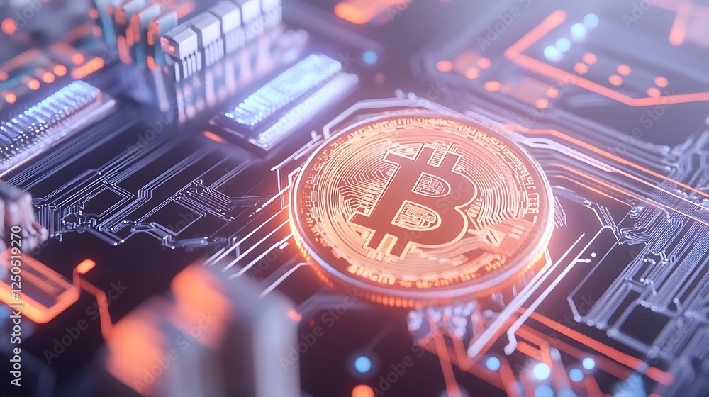 Aufkleber a futuristic view of bitcoin on a digital circuit board with glowing elements