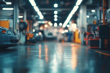 Car repair shop interior with vehicles undergoing service.