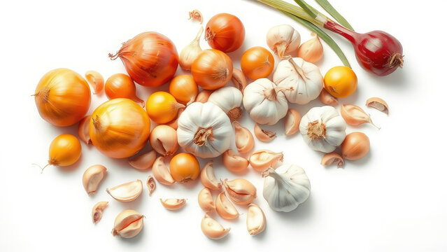 Fresh yellow and red onions and garlic bulbs on white background, healthy, pungent, vibrant, colorful