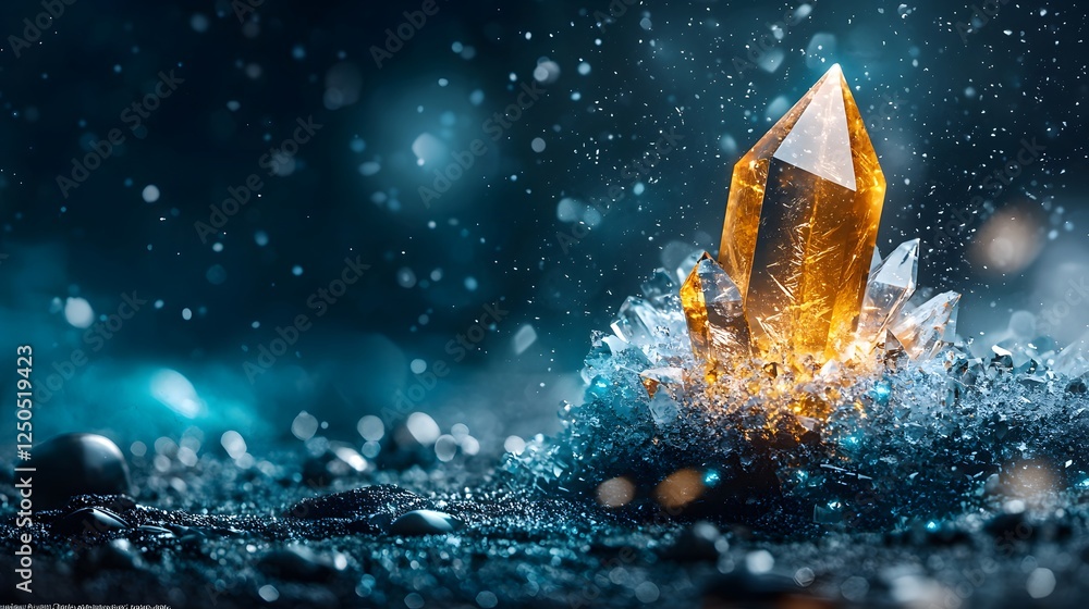 Poster stunning closeup of a large faceted quartz crystal glowing with an inner luminescence surrounded by 