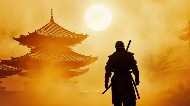 Martial Arts Warrior Ninja Performing Kung Fu Move Near Ancient Temple At Sunset	
