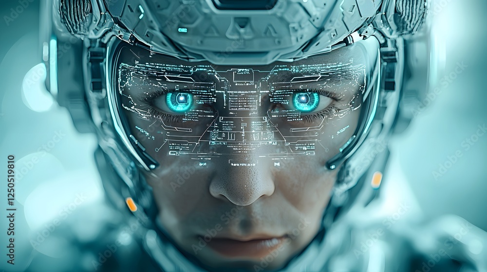 Poster close up view of a digital cyborg or face with glowing blue eyes futuristic sci fi helmet and intric