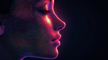 Digital woman's face, pixelated, profile view, dark background, future tech
