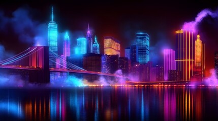 Futuristic nighttime cityscape with glowing skyscrapers neon lit bridges and vibrant reflections in the river below  This surreal sci fi inspired digital showcases a modern