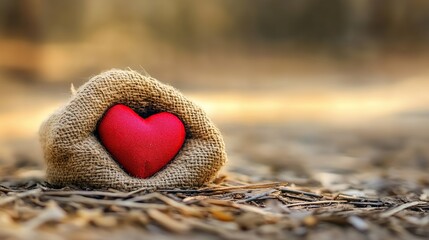 Fototapeta premium Red heart burlap sack forest path love nature