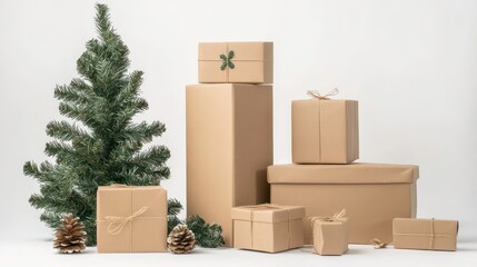 Eco-friendly gift packaging in kraft paper displayed on a white background, framed as a Christmas eco decor, with gift boxes isolated.