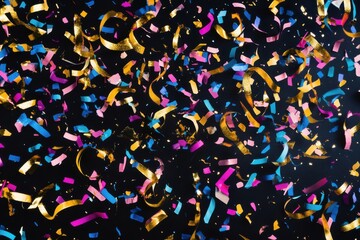 Obraz premium Elegant gold confetti and colorful streamers seamless background design for festive celebrations, parties, events, and special occasion decorations