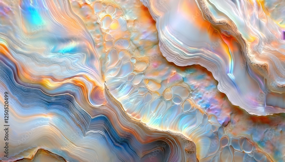 Poster abstract fluid color patterns with iridescent shades of blue, orange, and pink creating smooth, wavy texture for design