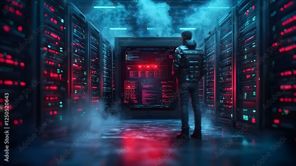 Poster dark futuristic server room filled with rows of glowing red computer server racks and cabinets creat